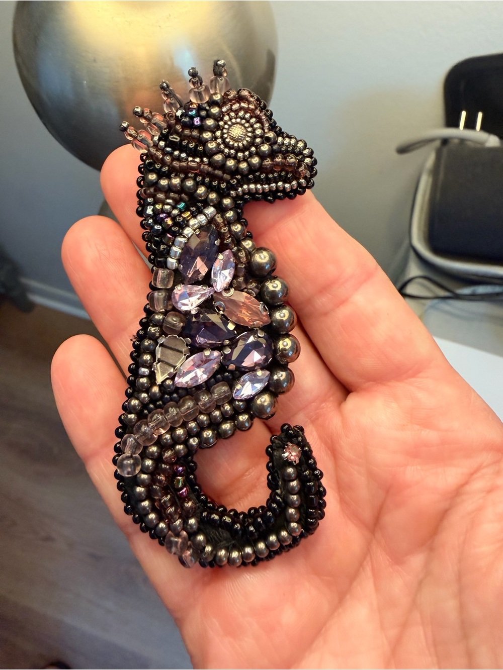 Beaded Seahorse Brooch - Black and Purple Accent